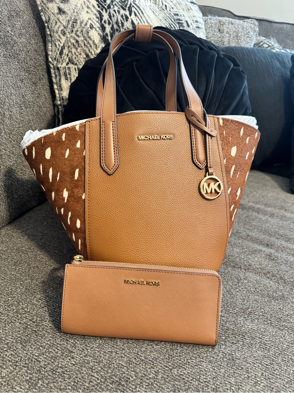 Michael Kors Brown Leather Tote with Spotted Side Panels and Matching Wallet